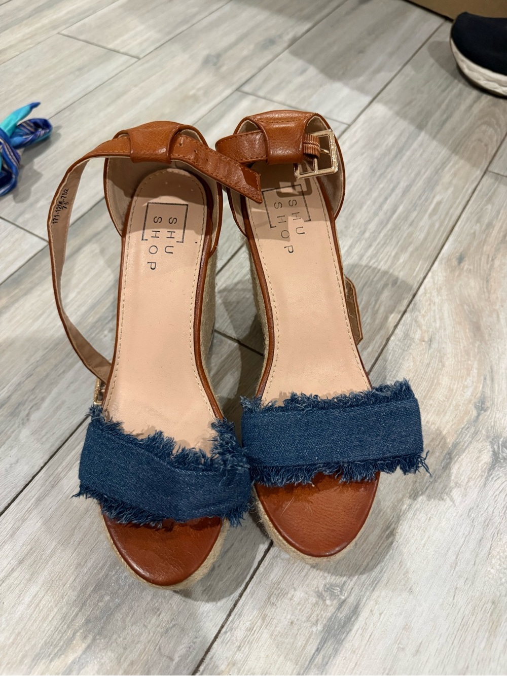 ShuShop Tan Leather Wedge Sandals with Blue Frayed Denim Strap